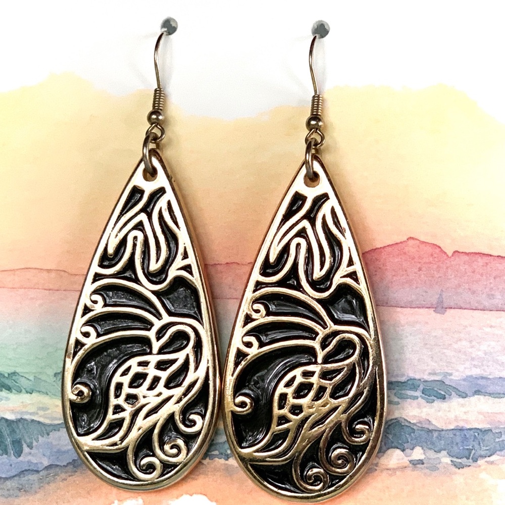 Black Gold Tone Scroll Peacock Large Drop Earrings